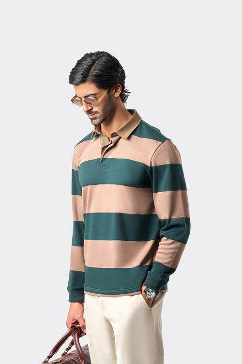 Classic Stripes Full Sleeve Polo - Hawkish Brown