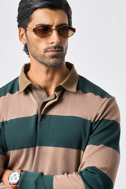 Classic Stripes Full Sleeve Polo - Hawkish Brown